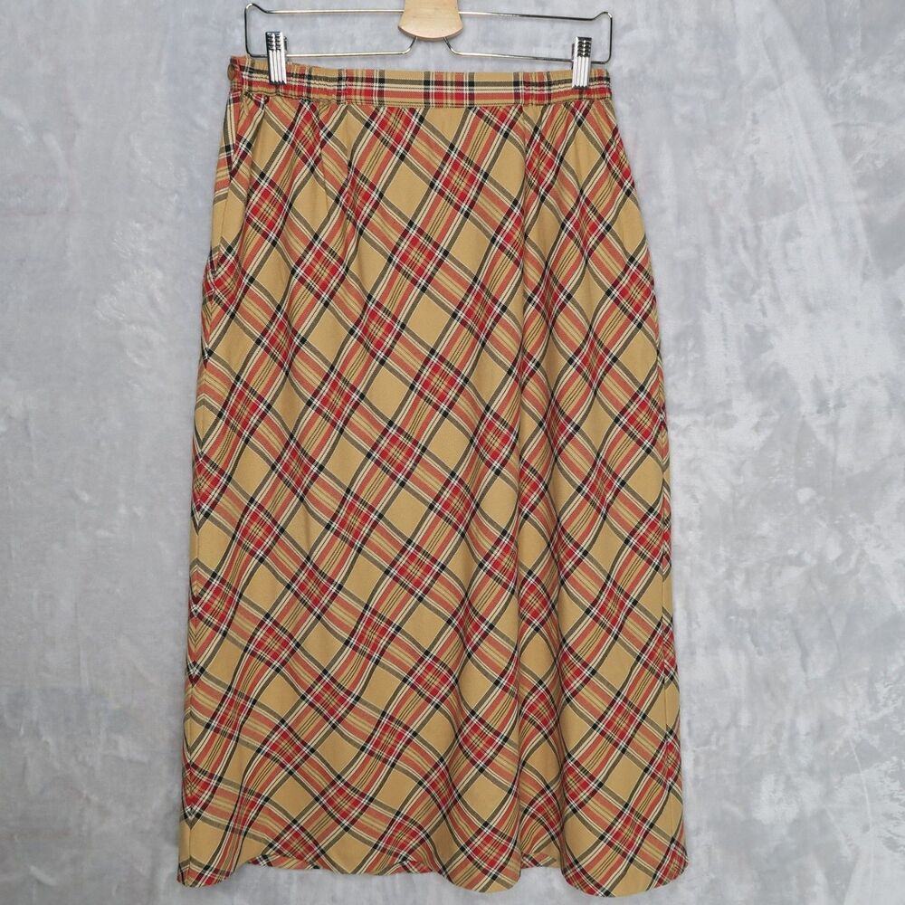 SAG HARBOR Tan Plaid Tea Length Skirt Size 14 Lined Academia Preppy - Picture 5 of 12